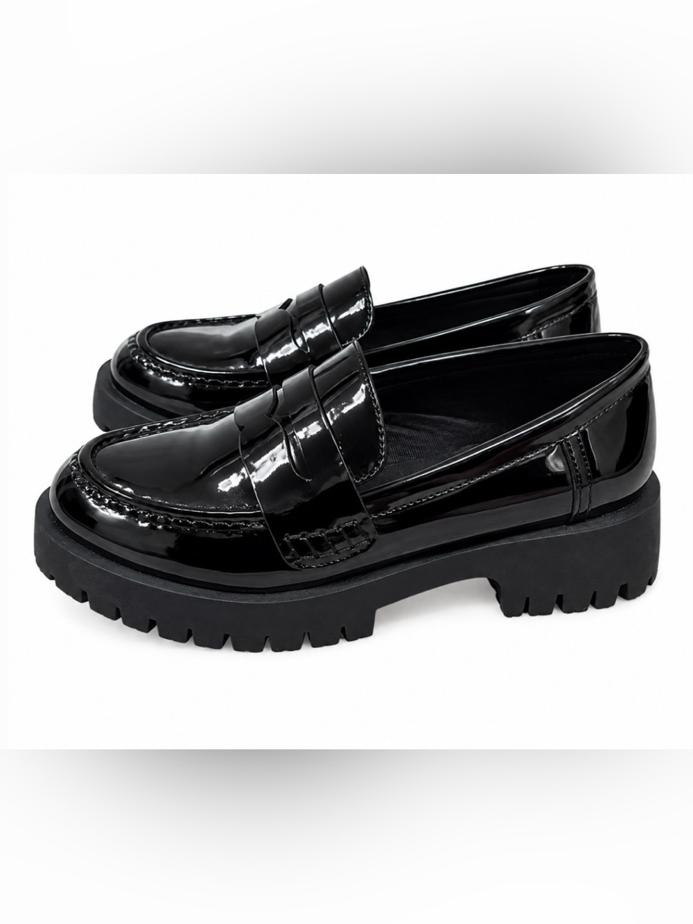 BAMBOO 6 Black Patent Lug Sole Penny Loafers